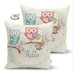 - Suet-K-216-1 - Realhomes  Çift Taraflı Baykuş Desenli Dijital Baskılı Dekoratif Süet Yastık Kırlent Kılıfı Realhomes
