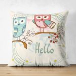 - Suet-K-216 - Realhomes  Çift Taraflı Baykuş Desenli Dijital Baskılı Dekoratif Süet Yastık Kırlent Kılıfı Realhomes