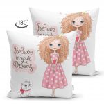 - Suet-K-2182-1 - Realhomes  Çift Taraflı Sevimli Kız Motifli Dijital Baskılı Dekoratif Süet Yastık Kırlent Kılıfı Realhomes