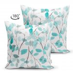 - Suet-K-2210-1 - Realhomes  Mavi Yapraklar Özel Tasarım Çift Taraflı Modern Süet Yastık Kırlent Kılıfı Realhomes
