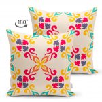 - Suet-K-2227-1 - Realhomes  Krem Zeminli Geometrik Çift Taraflı Dijital Baskılı Süet Yastık Kırlent Kılıfı Realhomes