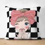 - Suet-K-2229 - Realhomes Damalı Fashion Girl Çift Taraflı Dijital Baskılı Modern Süet Yastık Kılıfı Realhomes