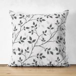 - Suet-K-2237 - Realhomes Gri Zeminli Yaprak Desenli Çift Taraflı Dijital Baskılı Dekoratif Süet Yastık Kılıfı Realhomes