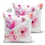 - Suet-K-2243-1 - Realhomes  Beyaz Zeminli Çiçek Temalı Çift Taraflı Dijital Baskılı Modern Süet Kırlent Kılıfı Realhomes