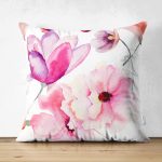 - Suet-K-2243 - Realhomes  Beyaz Zeminli Çiçek Temalı Çift Taraflı Dijital Baskılı Modern Süet Kırlent Kılıfı Realhomes