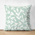 - Suet-K-2260 - Realhomes  Mind Yeşili Zeminli Yaprak Motifli Çift Taraflı Dijital Baskılı Süet Kırlent Kılıfı Realhomes
