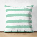 Su Yeşili Çizgili Çift Taraflı Dijital Baskılı Modern Süet Yastık Kırlent Kılıfı Realhomes