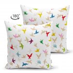 - Suet-K-2333-1 - Realhomes  Krem Zeminli Kuş Desenli Çift Taraflı Dijital Baskılı Süet Kırlent Kılıfı Realhomes