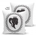 - Suet-K-2334-1 - Realhomes Siyah Beyaz Bayan Resimli Çift Taraflı Dijital Süet Yastık Kırlent Kılıfı Realhomes