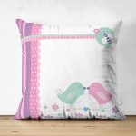 - Suet-K-2336 - Realhomes Pembe Mavi Kuşlar Çift Taraflı Dijital Baskılı Süet Yastık Kırlent Kılıfı Realhomes