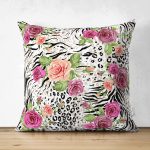 - Suet-K-2339 - Realhomes  Leopar Gül Motifli Çift Taraflı Dekoratif Süet Yastık Kırlent Kılıfı Realhomes