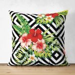 - Suet-K-2345 - Realhomes Geometrik Zeminde Çiçek Desenli Çift Taraflı Süet Yastık Kırlent Kılıfı Realhomes