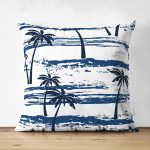 - Suet-K-2346 - Realhomes  Mavi Palmiye Desenli Çift Taraflı Dekoratif Süet Yastık Kırlent Kılıfı Realhomes