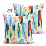 - Suet-K-2349-1 - Realhomes  Renkli Tüyler ve Yapraklar Resimli Çift Taraflı Dekoratif Süet Yastık Kırlent Kılıfı Realhomes