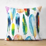 - Suet-K-2349 - Realhomes  Renkli Tüyler ve Yapraklar Resimli Çift Taraflı Dekoratif Süet Yastık Kırlent Kılıfı Realhomes