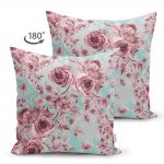 - Suet-K-2350-1 - Realhomes  Mavi Zeminde Pembe Güller Motifli Çift Taraflı Dekoratif Süet Yastık Kırlent Kılıfı Realhomes