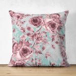 - Suet-K-2350 - Realhomes  Mavi Zeminde Pembe Güller Motifli Çift Taraflı Dekoratif Süet Yastık Kırlent Kılıfı Realhomes