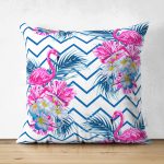 - Suet-K-2363 - Realhomes Zigzag Zeminli Flamingo Çift Taraflı Dijital Baskılı Dekoratif Süet Yastık Kırlent Kılıfı Realhomes