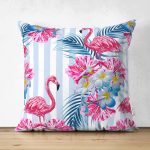 - Suet-K-2367 - Realhomes Çizgili Flamingo Zeminli Çift Taraflı Dekoratif Süet Yastık Kırlent Kılıfı Realhomes