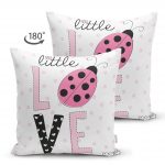 - Suet-K-2371-1 - Realhomes  Love Uğurböceği Desenli Çift Taraflı Dekoratif Süet Yastık Kırlent Kılıfı Realhomes