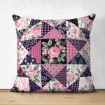 - Suet-K-2372 - Realhomes  Mürdüm Renk Patchwork Desenli Çift Taraflı Dekoratif Süet Yastık Kırlent Kılıfı Realhomes