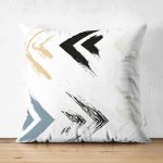 - Suet-K-2384 - Realhomes  Siyah Mavi Ok Temalı Yaprak Çizimli Çift Taraflı Süet Kırlent Kılıfı Realhomes