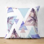 - Suet-K-2385 - Realhomes  Mavi Geometrik Şekilli Palmiye Motifli Çift Taraflı Dijital Baskılı Süet Yastık Kırlent Kılıfı Realhomes