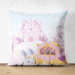 - Suet-K-2396 - Realhomes  Şato Temalı Prenses Faytonu Çift Taraflı Dijital Baskılı Süet Yastık Kırlent Kılıfı Realhomes