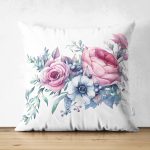 - Suet-K-2415 - Realhomes  Lila Renk Begonya Motifli Dijital Baskılı Çift Taraflı Süet Yastık Kırlent Kılıfı Realhomes