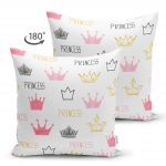 Pudra Renk Prenses Taç Motifli Dijital Baskılı Çift Taraflı Süet Yastık Kırlent Kılıfı Realhomes