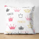 Pudra Renk Prenses Taç Motifli Dijital Baskılı Çift Taraflı Süet Yastık Kırlent Kılıfı Realhomes