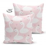 - Suet-K-2422-1 - Realhomes  Pembe Puan Temali Kuğu Motifli Dekoratif Çift Taraflı Süet Yastık Kırlent Kılıfı Realhomes