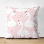 - Suet-K-2422 - Realhomes  Pembe Puan Temali Kuğu Motifli Dekoratif Çift Taraflı Süet Yastık Kırlent Kılıfı Realhomes