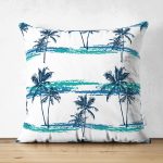 - Suet-K-2424 - Realhomes  Mavi Yeşil Palmiye Çizimli Dekoratif Çift Taraflı Süet Yastık Kırlent Kılıfı Realhomes