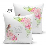 - Suet-K-2432-1 - Realhomes  Kuş Motifli A True Love Story Never Ends Renkli Modern Çift Taraflı Süet Yastık Kırlent Kılıfı Realhomes