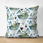 - Suet-K-2441 - Realhomes  Mavi Geometrik Palmiye Desenleri Dekoratif Çift Taraflı Süet Yastık Kılıfı Realhomes