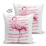- Suet-K-2464-1 - Realhomes  Pudra Çizgi Desenli Flamingo Dijital Baskılı Dekoratif Çift Taraflı Süet Yastık Kırlent Kılıfı Realhomes