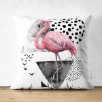 - Suet-K-2466 - Realhomes  Martı Desenli Flamingo Temalı Dijital Baskılı Çift Taraflı Süet Yastık Kırlent Kılıfı Realhomes