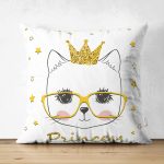 Princess Kedi Motifli Modern Dijital Baskılı Çift Taraflı Süet Yastık Kılıfı Realhomes