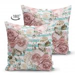 - Suet-K-2478-1 - Realhomes  Mavi Çizgi Desenli Kavaniçe Çiçek Motifli Çift Taraflı Süet Yastık Kırlent Kılıfı Realhomes