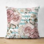 - Suet-K-2478 - Realhomes  Mavi Çizgi Desenli Kavaniçe Çiçek Motifli Çift Taraflı Süet Yastık Kırlent Kılıfı Realhomes