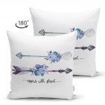 - Suet-K-2486-1 - Realhomes  Mavi Ok Çizimli Çiçek Desenli Dekoratif Çift Taraflı Süet Yastık Kırlent Kılıfı Realhomes