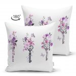 - Suet-K-2494-1 - Realhomes Mor Renk Anahtar Motifli Çiçek Desenli Çizgili Çift Taraflı Süet Yastık Kırlent Kılıfı Realhomes