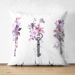 - Suet-K-2494 - Realhomes Mor Renk Anahtar Motifli Çiçek Desenli Çizgili Çift Taraflı Süet Yastık Kırlent Kılıfı Realhomes