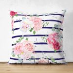 - Suet-K-2498 - Realhomes  Mavi Çizgiler Desenli Dijital Baskılı Çift Taraflı Süet Yastık Kırlent Kılıfı Realhomes