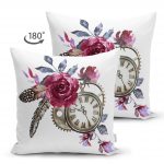 Cep Saati Motifli Kuş Tüyü Desenli Dekoratif Çift Taraflı Süet Yastık Kırlent Kılıfı Realhomes