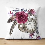 Cep Saati Motifli Kuş Tüyü Desenli Dekoratif Çift Taraflı Süet Yastık Kırlent Kılıfı Realhomes