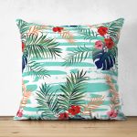 Turkuaz Çiçek Şöleni Modern Dijital Baskılı Çift Taraflı Süet Kırlent Kılıfı Realhomes