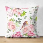 - Suet-K-2512 - Realhomes Renkli Kuş Motifli Dijital Baskılı Çift Taraflı Süet Yastık Kırlent Kılıfı Realhomes