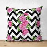 - Suet-K-2517 - Realhomes  Zigzag Zebra Temalı Gül Motifli Modern Çift Taraflı Süet Yastık Kılıfı Realhomes
